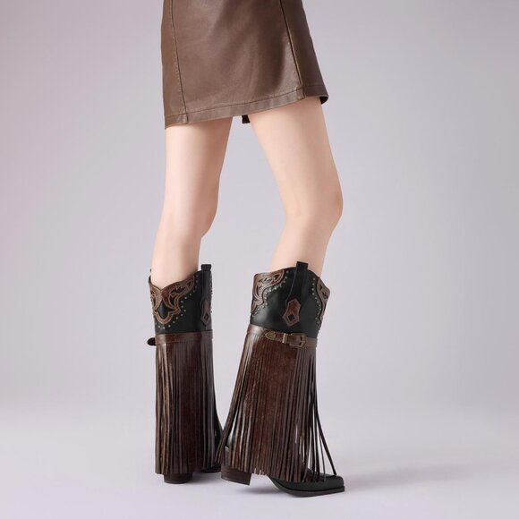 ⚡Women's Brown Fringe Embroidered Western Knee High Cowgirl Boots Chunky Heel - Picture 5 of 6